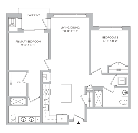 Floor plan for 2 beds, 2 baths, 1051 sqft